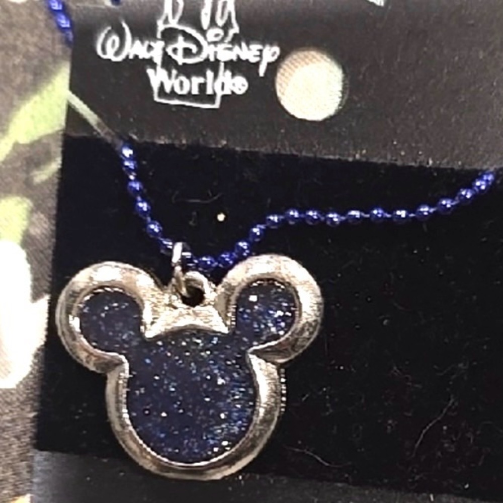 5/$25 Disney Mickey Mouse Head Pendant silver tone Necklace blue Sparkles